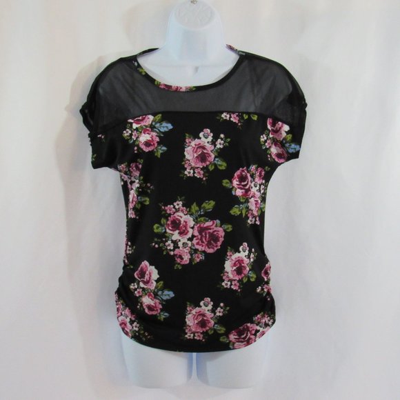 Women's Black, Floral Print, Pullover, Stretch Polyester Top - Size S - DISCREET - Picture 2 of 4